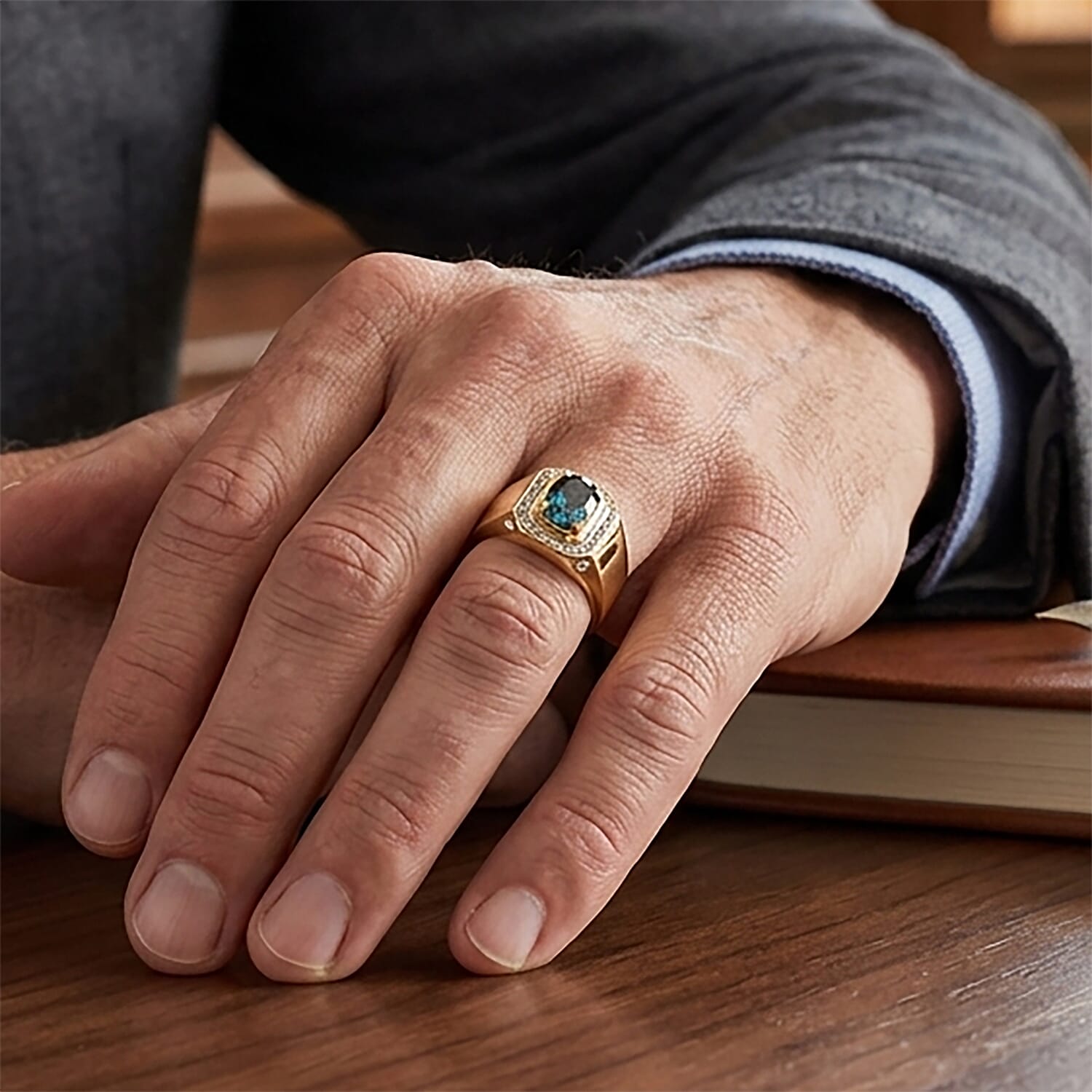 D'Joy London Blue Topaz and Moissanite 1.20 ctw Men's Ring in 18K Vermeil Yellow Gold Over Sterling Silver (Size 14.0)