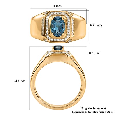D'Joy London Blue Topaz and Moissanite 1.20 ctw Men's Ring in 18K Vermeil Yellow Gold Over Sterling Silver (Size 14.0)