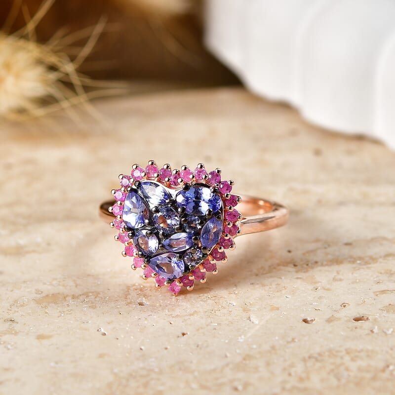 Doorbuster D'Joy Tanzanite and Premium Madagascar Pink Sapphire 1.75 ctw Twilight Heart Ring in 18K Vermeil Rose Gold Over Sterling Silver (Size 6.0)
