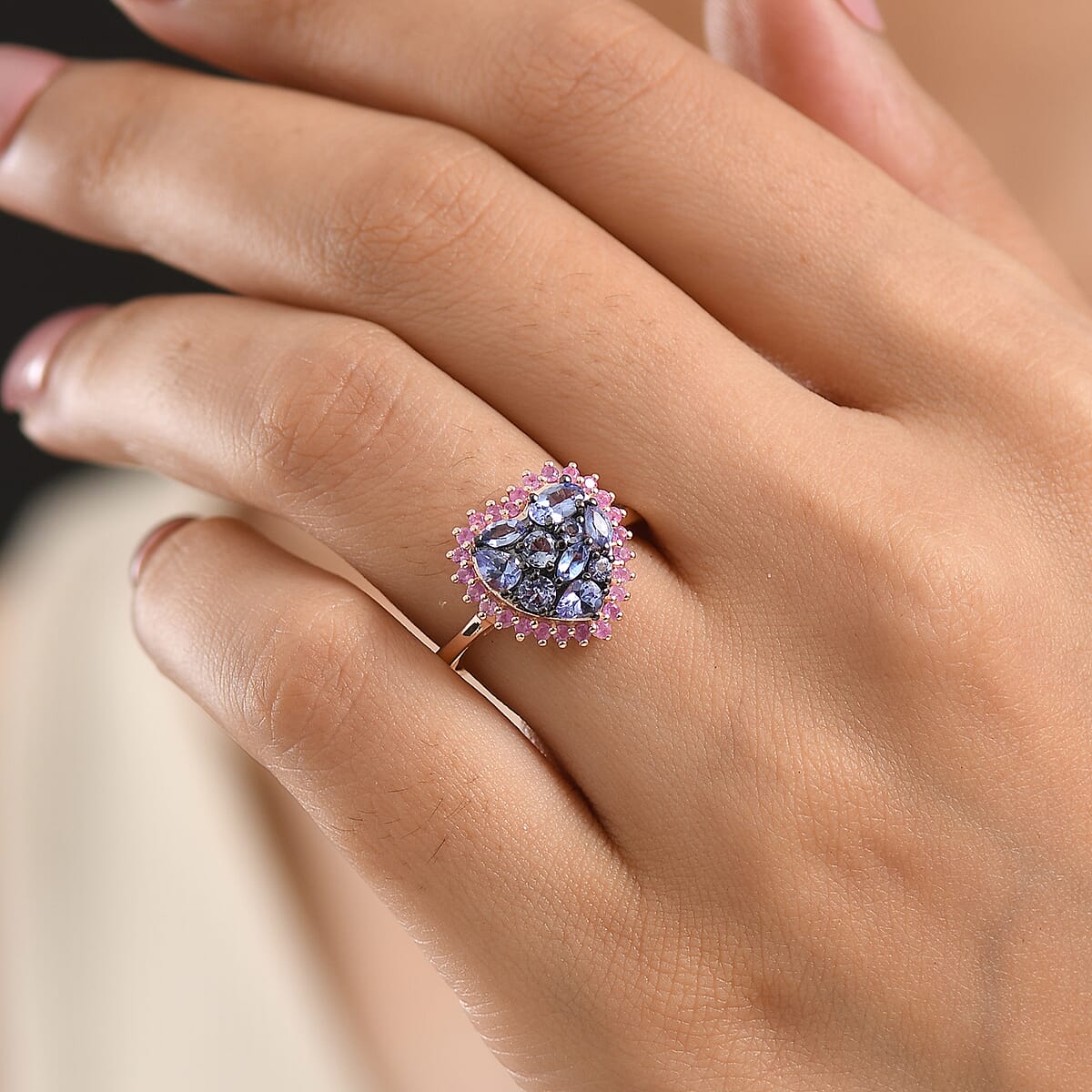 D'Joy Tanzanite and Premium Madagascar Pink Sapphire 1.75 ctw Twilight Heart Ring in 18K Vermeil Rose Gold Over Sterling Silver (Size 7.0) image number 2