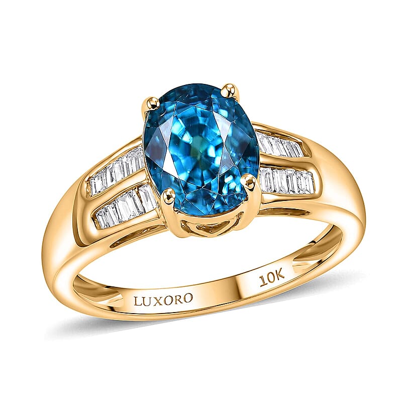 Luxoro AAA Cambodian Blue Zircon and Diamond I2 2.80 ctw Ring in 10K Yellow Gold (Size 5.0)
