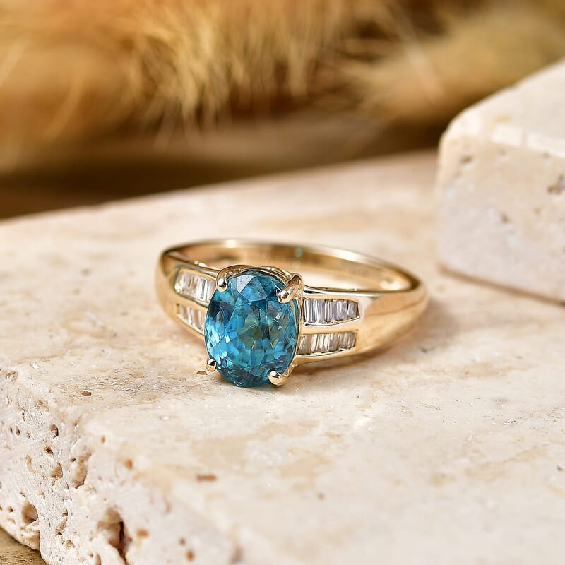 Luxoro AAA Cambodian Blue Zircon and Diamond I2 2.80 ctw Ring in 10K Yellow Gold (Size 5.0)