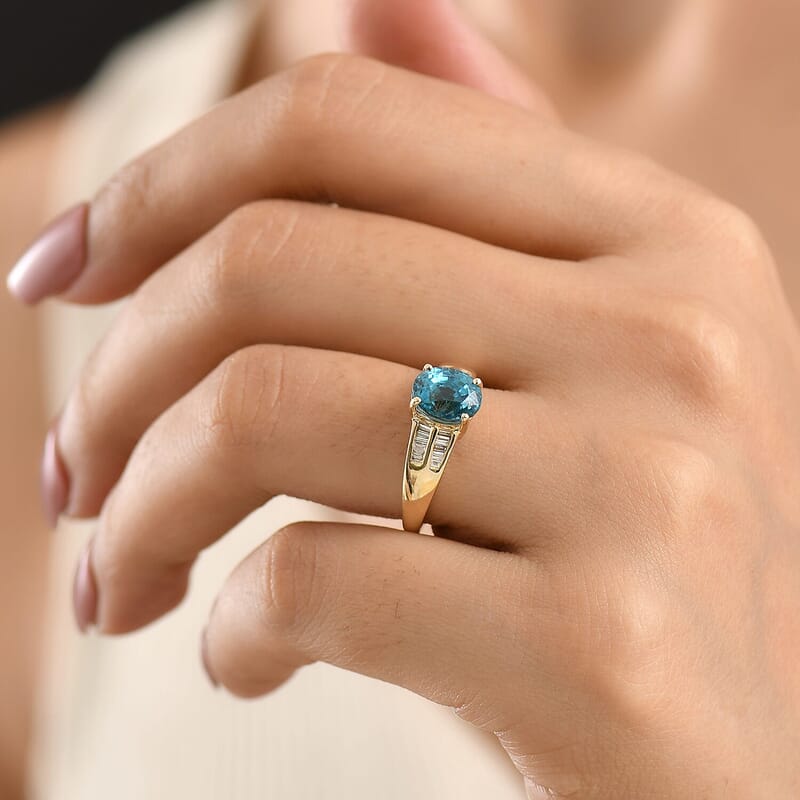 Luxoro AAA Cambodian Blue Zircon and Diamond I2 2.80 ctw Ring in 10K Yellow Gold (Size 5.0)
