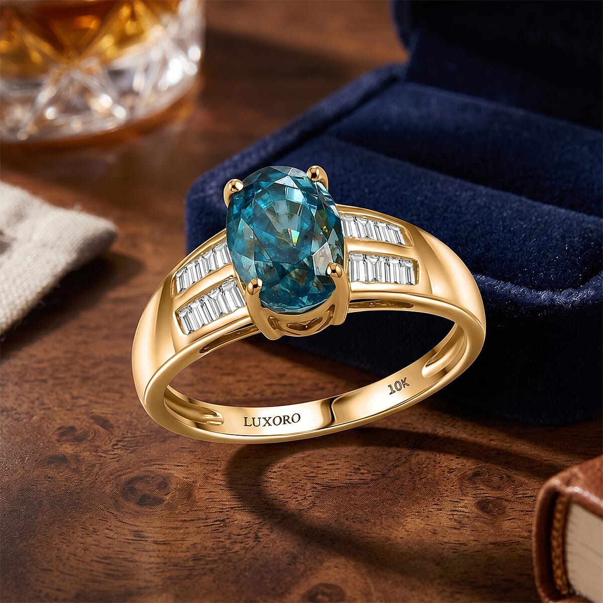 Luxoro AAA Cambodian Blue Zircon and Diamond I2 2.80 ctw Oceanfire Ring in 10K Yellow Gold (Size 7.0) image number 1