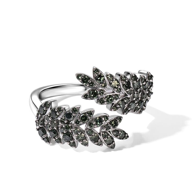 Luxuriant Lab Grown Green Diamond (IR) (SI) 1.00 ctw Verdant Leaf Wrap Ring in Rhodium Over Sterling Silver (Size 6.0)