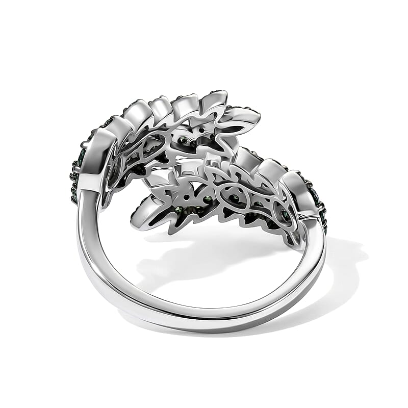 Luxuriant Lab Grown Green Diamond (IR) (SI) 1.00 ctw Verdant Leaf Wrap Ring in Rhodium Over Sterling Silver (Size 6.0)