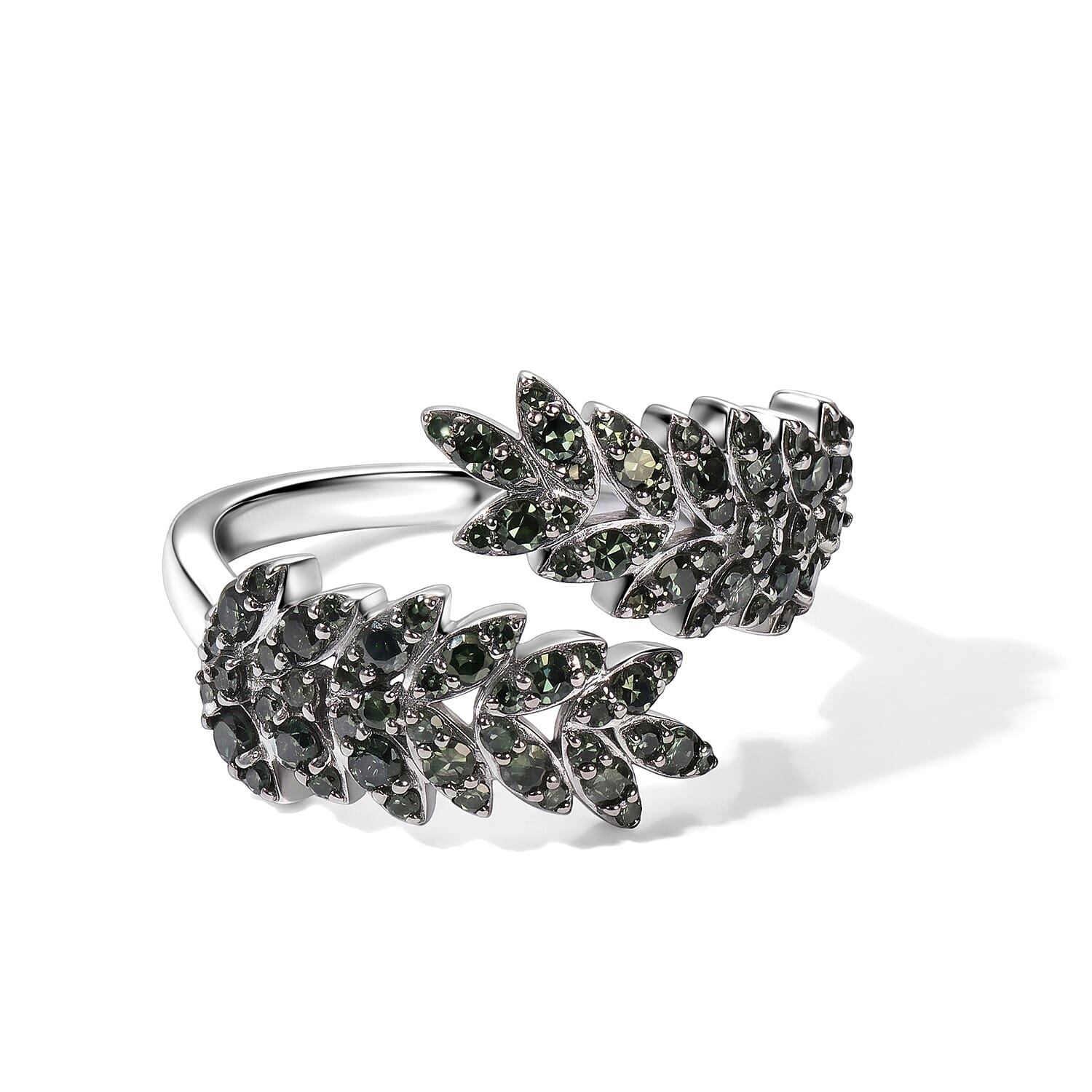 Luxuriant Lab Grown Green Diamond (IR) (SI) 1.00 ctw Verdant Leaf Wrap Ring in Rhodium Over Sterling Silver (Size 7.0)