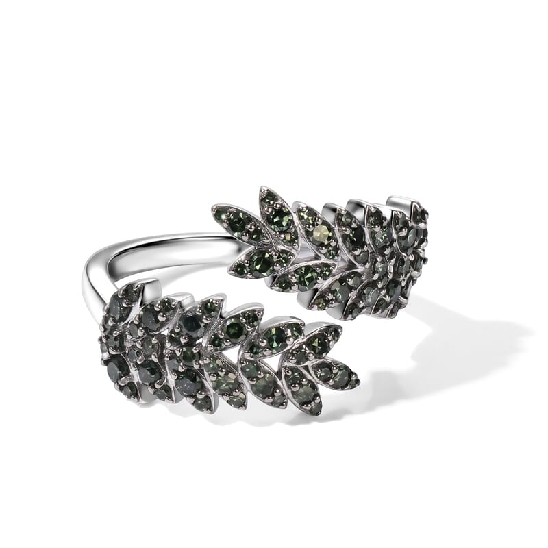 Luxuriant Lab Grown Green Diamond (IR) (SI) 1.00 ctw Verdant Leaf Wrap Ring in Rhodium Over Sterling Silver (Size 7.0)