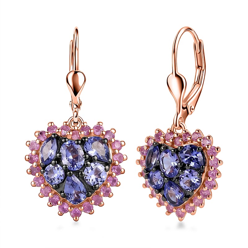 D'Joy Tanzanite and Madagascar Pink Sapphire 2.40 ctw Twilight Heart Earring in 18K Vermeil Rose Gold Over Sterling Silver