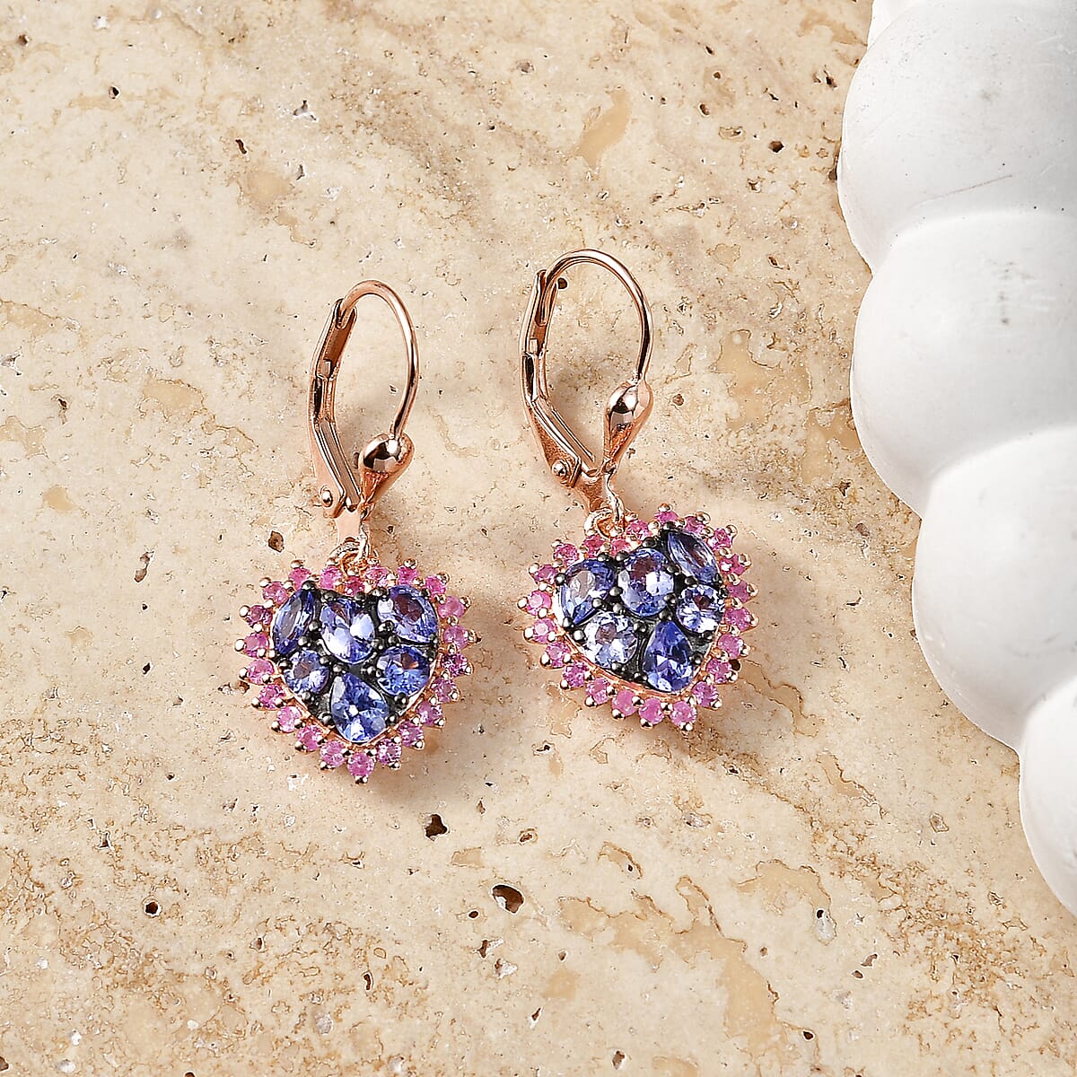 D'Joy Tanzanite and Madagascar Pink Sapphire 2.40 ctw Twilight Heart Earring in 18K Vermeil Rose Gold Over Sterling Silver image number 1