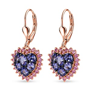 D'Joy Tanzanite and Madagascar Pink Sapphire 2.40 ctw Twilight Heart Earring in 18K Vermeil Rose Gold Over Sterling Silver