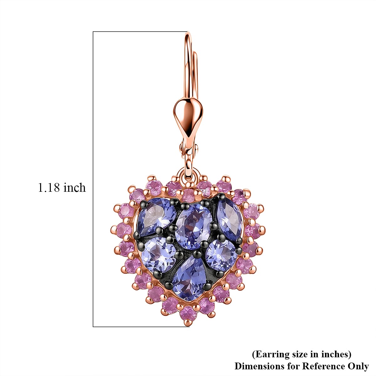 D'Joy Tanzanite and Madagascar Pink Sapphire 2.40 ctw Twilight Heart Earring in 18K Vermeil Rose Gold Over Sterling Silver