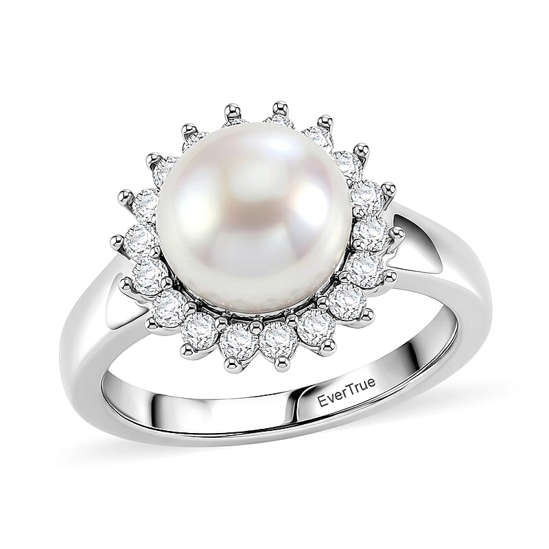 EverTrue Freshwater Pearl and Moissanite 0.35 ctw Starlight Pearl Ring in Platinum Bond (Size 11.0)