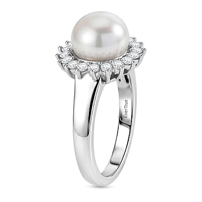 EverTrue Freshwater Pearl and Moissanite 0.35 ctw Starlight Pearl Ring in Platinum Bond (Size 11.0)