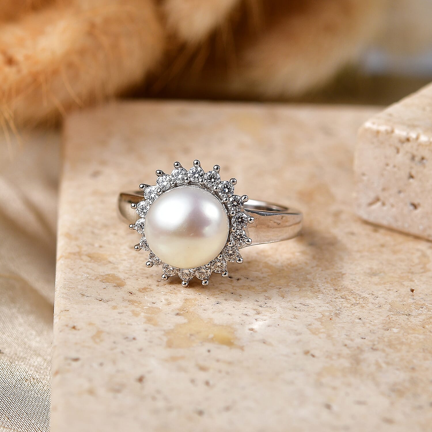 EverTrue Freshwater Pearl and Moissanite 0.35 ctw Starlight Pearl Ring in Platinum Bond (Size 6.0)
