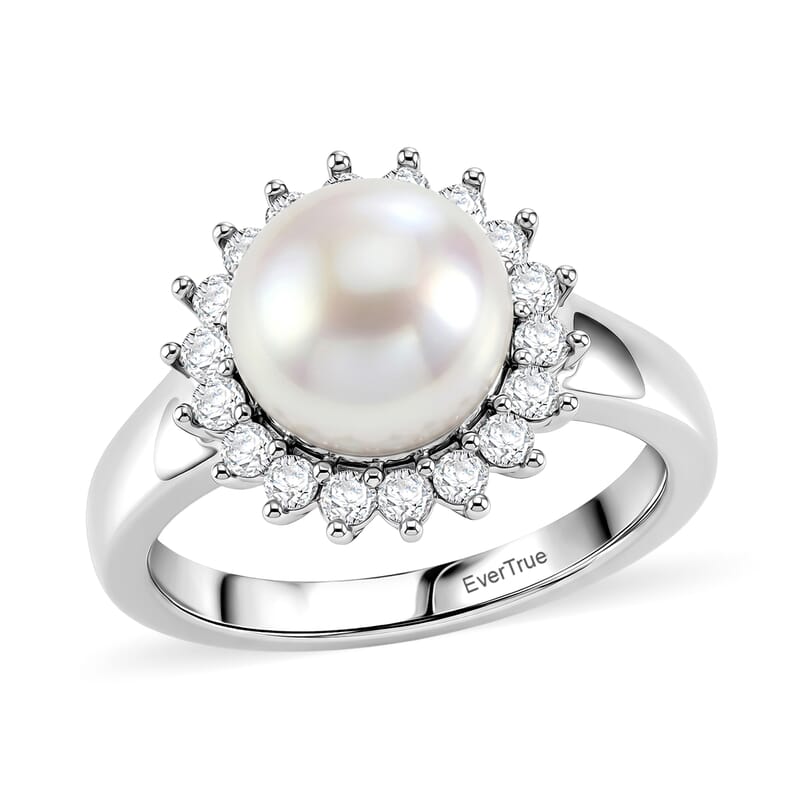 EverTrue Freshwater Pearl and Moissanite 0.35 ctw Starlight Pearl Ring in Platinum Bond (Size 9.0)