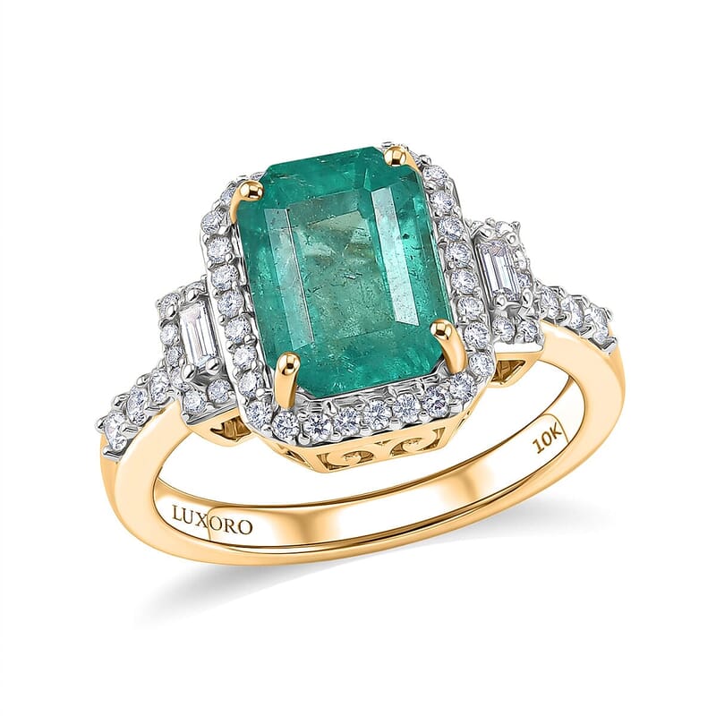 Luxoro AAA Kagem Zambian Emerald and Diamond I2 3.00 ctw Ring in 10K Yellow Gold (Size  5.0)
