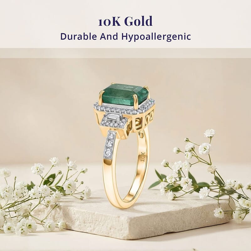 Luxoro AAA Kagem Zambian Emerald and Diamond I2 3.00 ctw Ring in 10K Yellow Gold (Size  5.0)