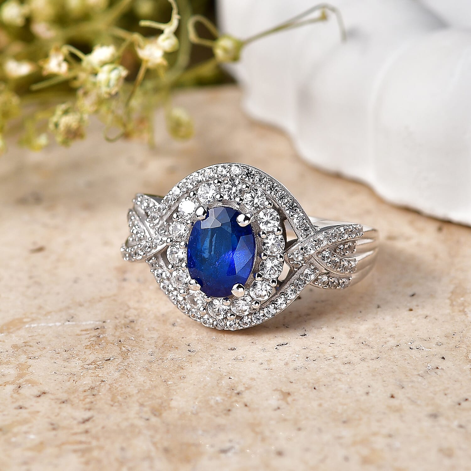 D'Joy Premium Tanzanian Blue Spinel and White Zircon 2.85 ctw Beaded Mirror Ring in Rhodium Over Sterling Silver (Size 9.0)