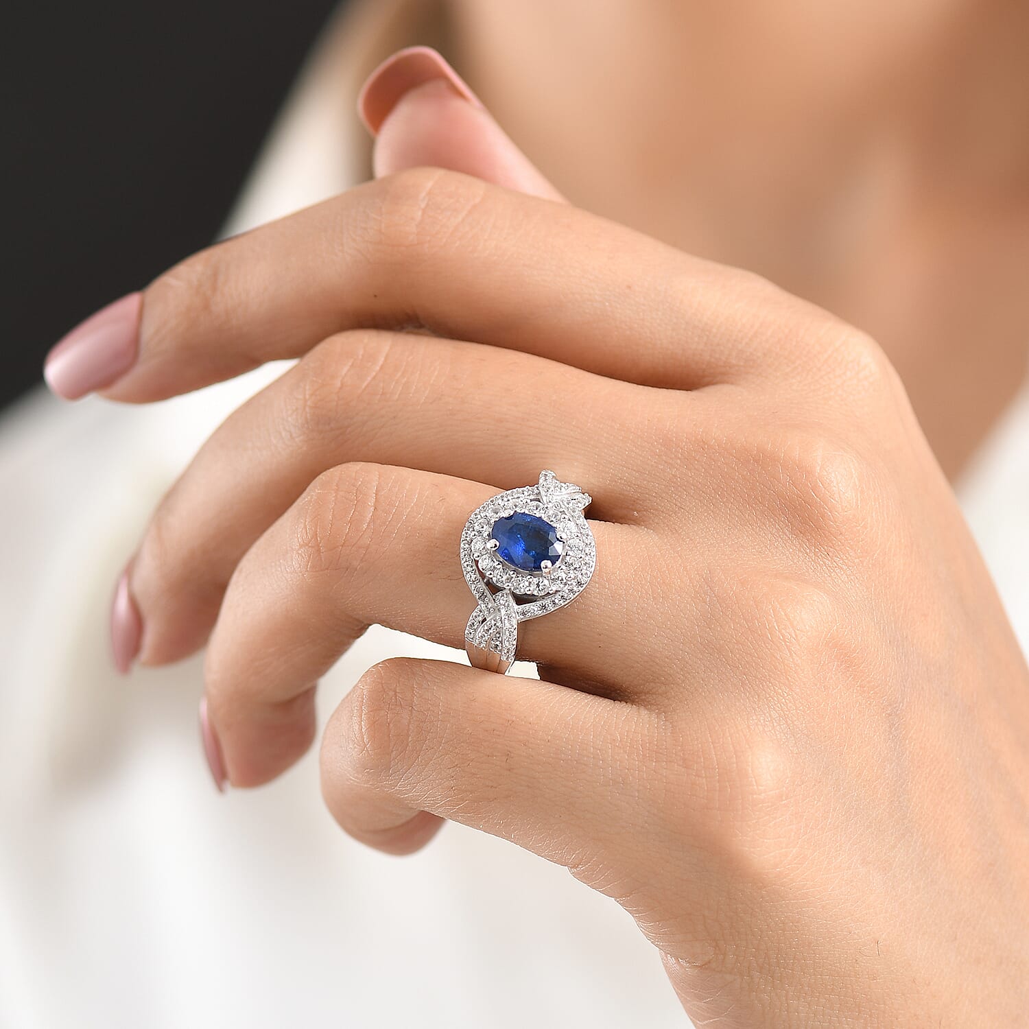 D'Joy Premium Tanzanian Blue Spinel and White Zircon 2.85 ctw Beaded Mirror Ring in Rhodium Over Sterling Silver (Size 9.0)