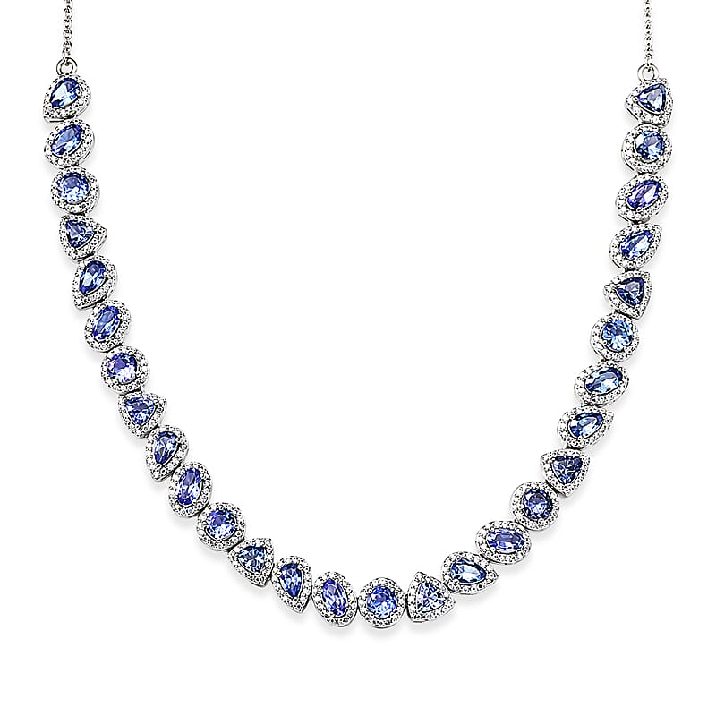 D'Joy Tanzanite and Moissanite 8.10 ctw Crown Halo Necklace in Rhodium Over Sterling Silver 18-20 Inches