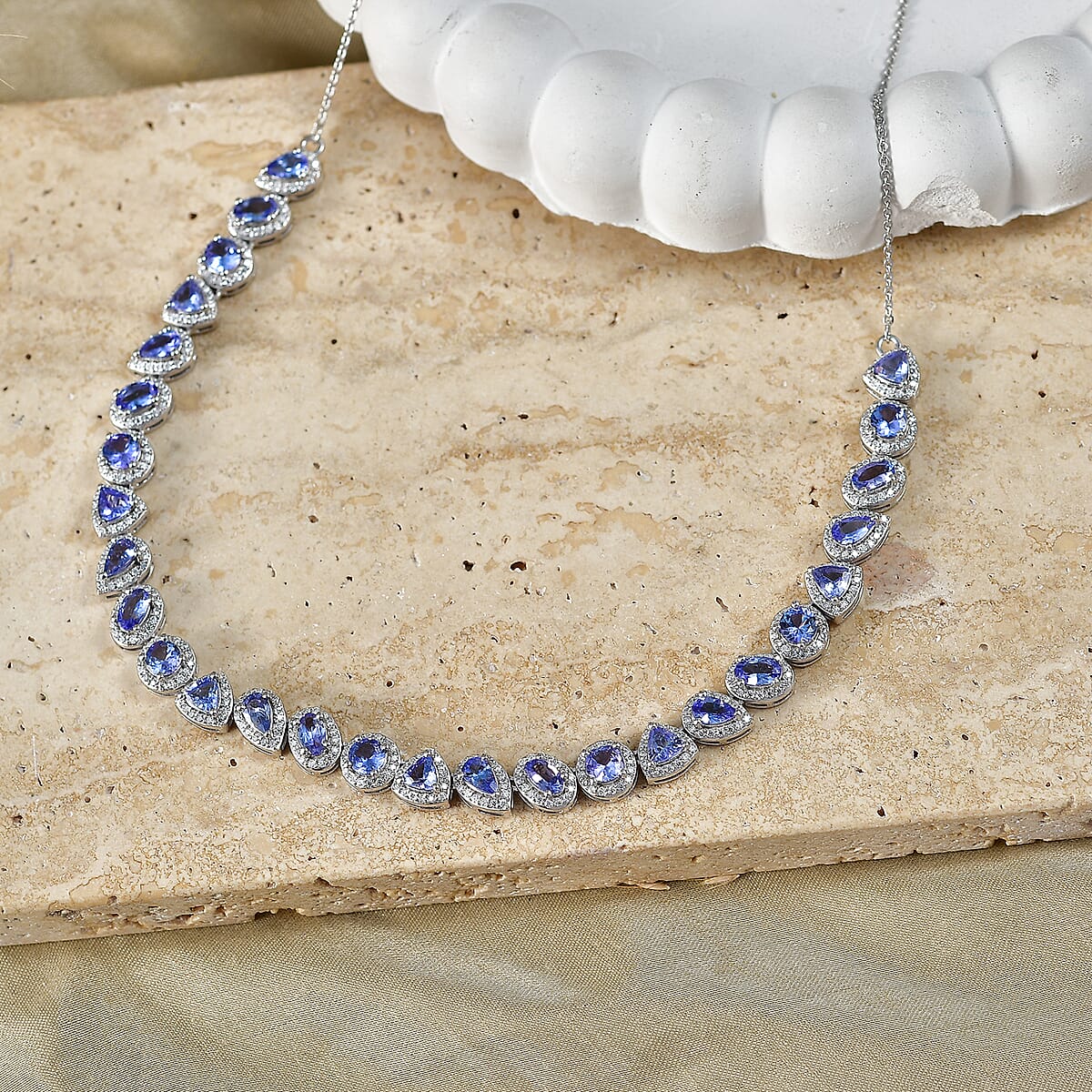 D'Joy Tanzanite and Moissanite 8.10 ctw Crown Halo Necklace in Rhodium Over Sterling Silver 18-20 Inches image number 1
