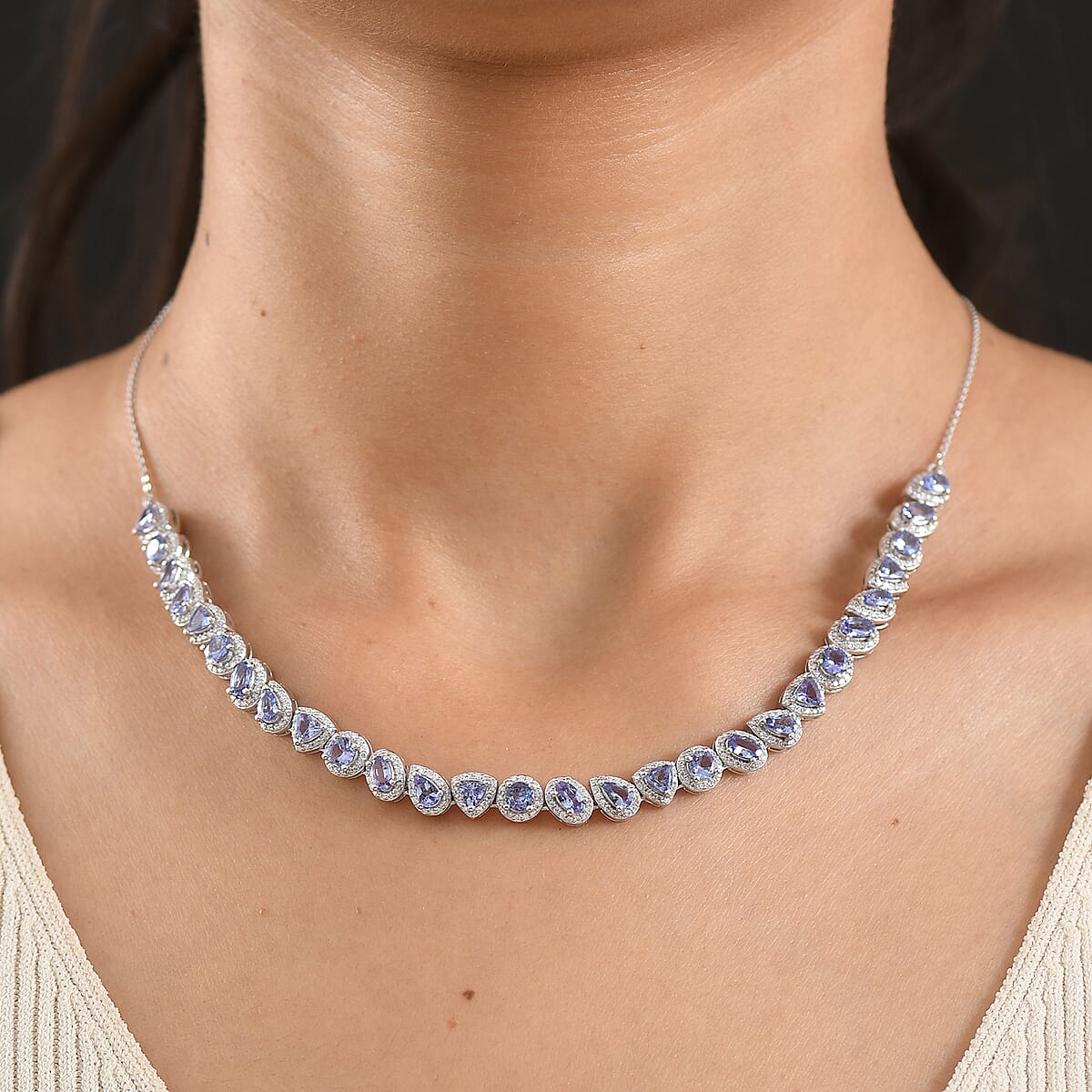 D'Joy Tanzanite and Moissanite 8.10 ctw Crown Halo Necklace in Rhodium Over Sterling Silver 18-20 Inches image number 2