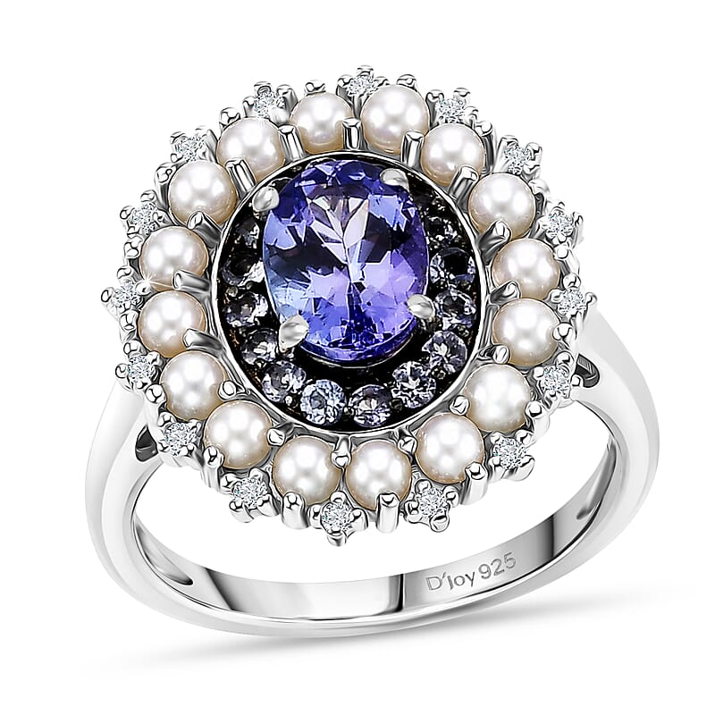 D'Joy Tanzanite and Multi Gemstone 1.35 ctw Royal Twilight Pearl Ring in Rhodium Over Sterling Silver (Size 6.0)