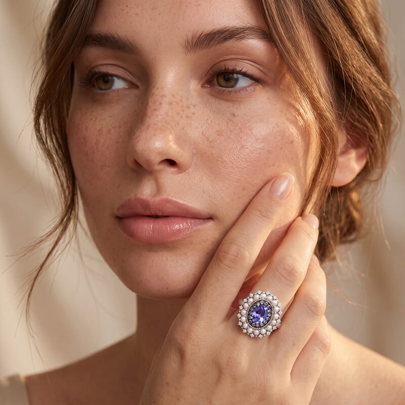 Doorbuster D'Joy Tanzanite and Multi Gemstone 1.35 ctw Royal Twilight Pearl Ring in Rhodium Over Sterling Silver (Size 6.0)