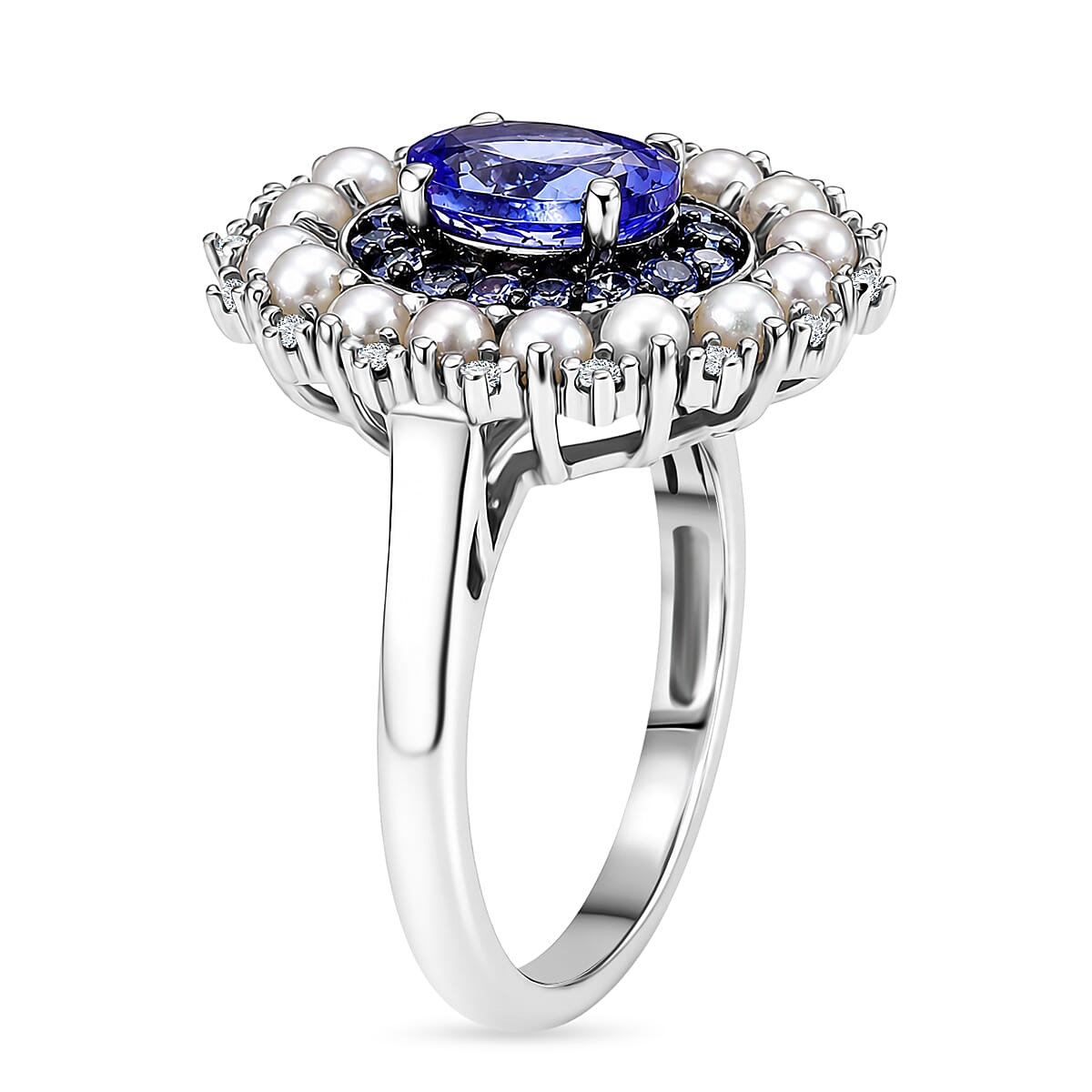 D'Joy Tanzanite and Multi Gemstone 1.35 ctw Royal Twilight Pearl Ring in Rhodium Over Sterling Silver (Size 6.0) image number 3