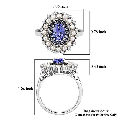 D'Joy Tanzanite and Multi Gemstone 1.35 ctw Royal Twilight Pearl Ring in Rhodium Over Sterling Silver (Size 6.0)