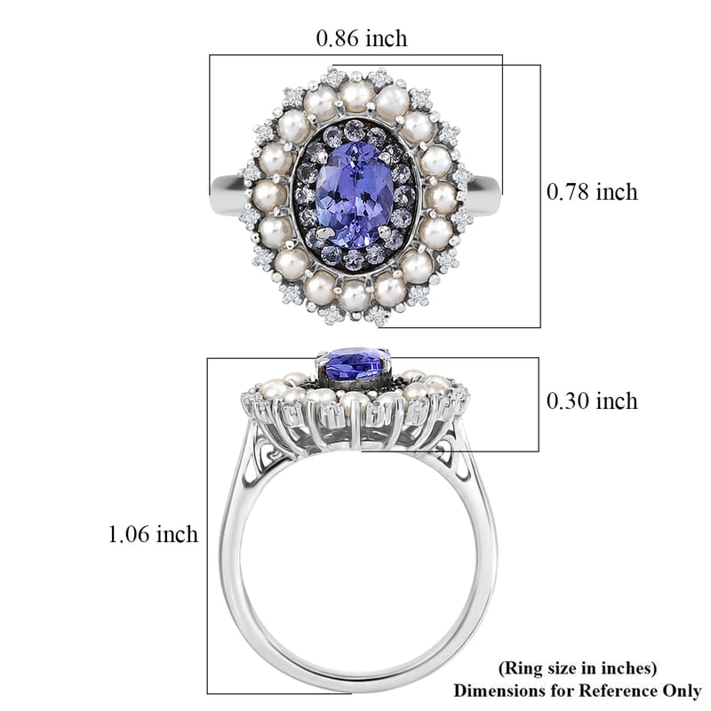 Doorbuster D'Joy Tanzanite and Multi Gemstone 1.35 ctw Royal Twilight Pearl Ring in Rhodium Over Sterling Silver (Size 6.0)