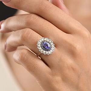 D'Joy Tanzanite and Multi Gemstone 1.35 ctw Royal Twilight Pearl Ring in Rhodium Over Sterling Silver (Size 7.0)