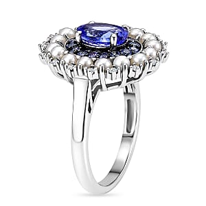D'Joy Tanzanite and Multi Gemstone 1.35 ctw Royal Twilight Pearl Ring in Rhodium Over Sterling Silver (Size 7.0)