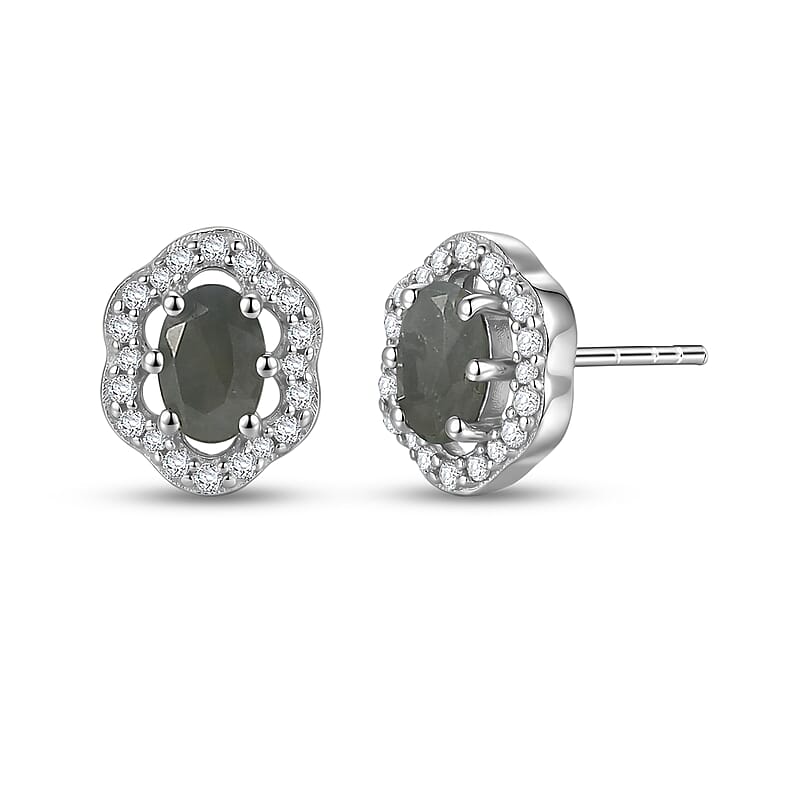 D'Joy Narsipatnam Alexandrite and Moissanite 0.75 ctw Floral Halo Studs Earrings in Rhodium Over Sterling Silver