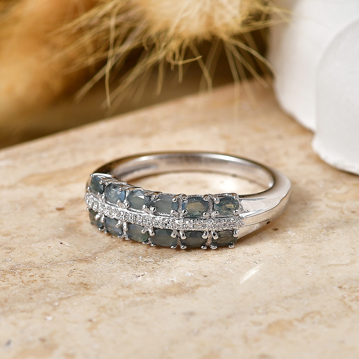 D'Joy Narsipatnam Alexandrite and Lab Grown Diamond G-H SI 0.90 ctw Double Bloom Band Ring in Rhodium Over Sterling Silver (Size 6.0)