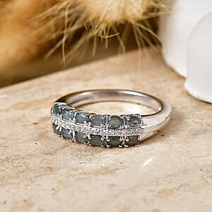D'Joy Narsipatnam Alexandrite and Lab Grown Diamond G-H SI 0.90 ctw Double Bloom Band Ring in Rhodium Over Sterling Silver (Size 7.0)