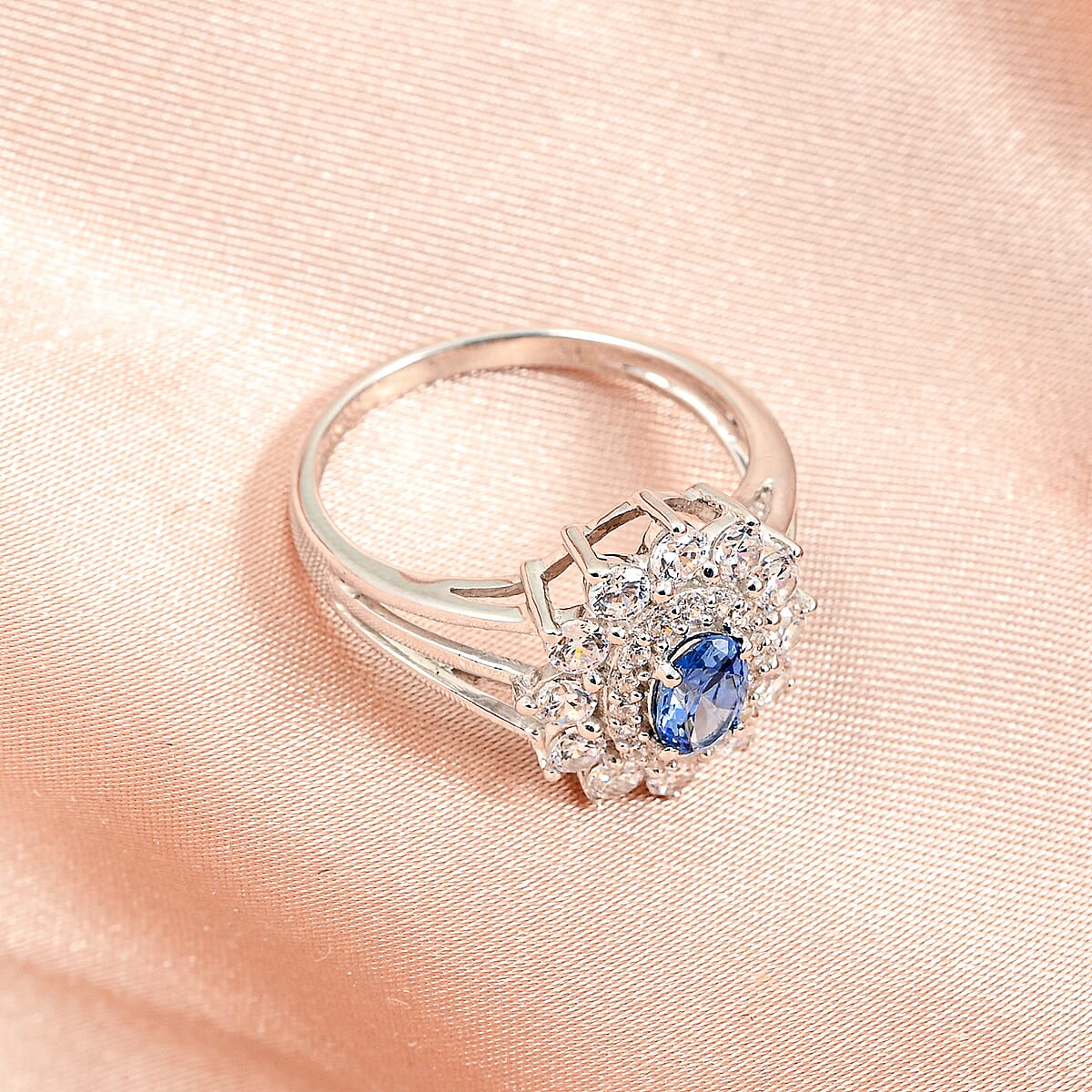 Simulated Blue and White Diamond Ring in Sterling Silver (Size 7.0) image number 1