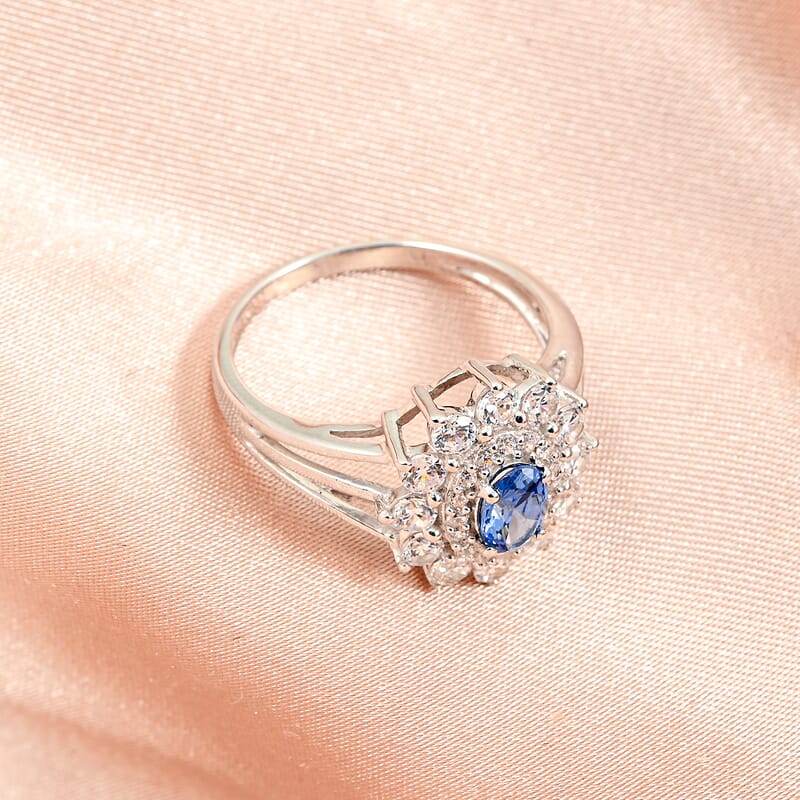 Simulated Blue and White Diamond Ring in Sterling Silver (Size 7.0)