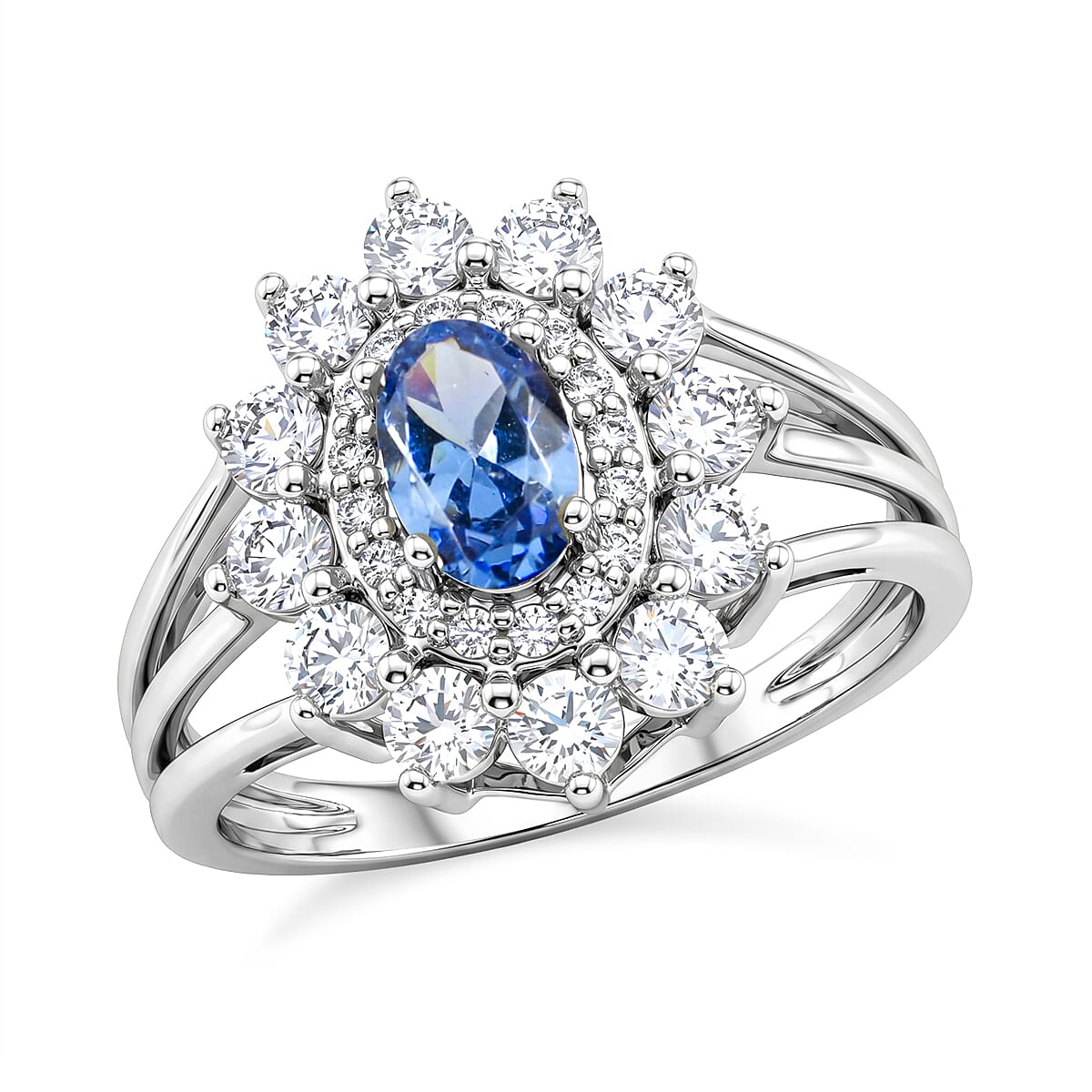 Simulated Blue and White Diamond Ring in Sterling Silver (Size 12.0)