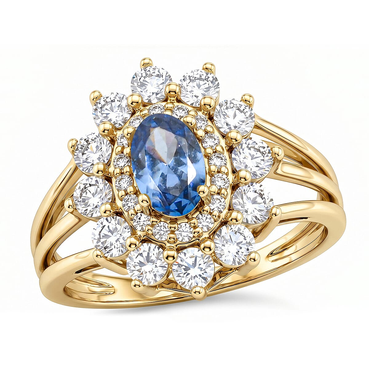Simulated Blue and White Diamond Ring in 14K YG Over Sterling Silver (Size 7.0)