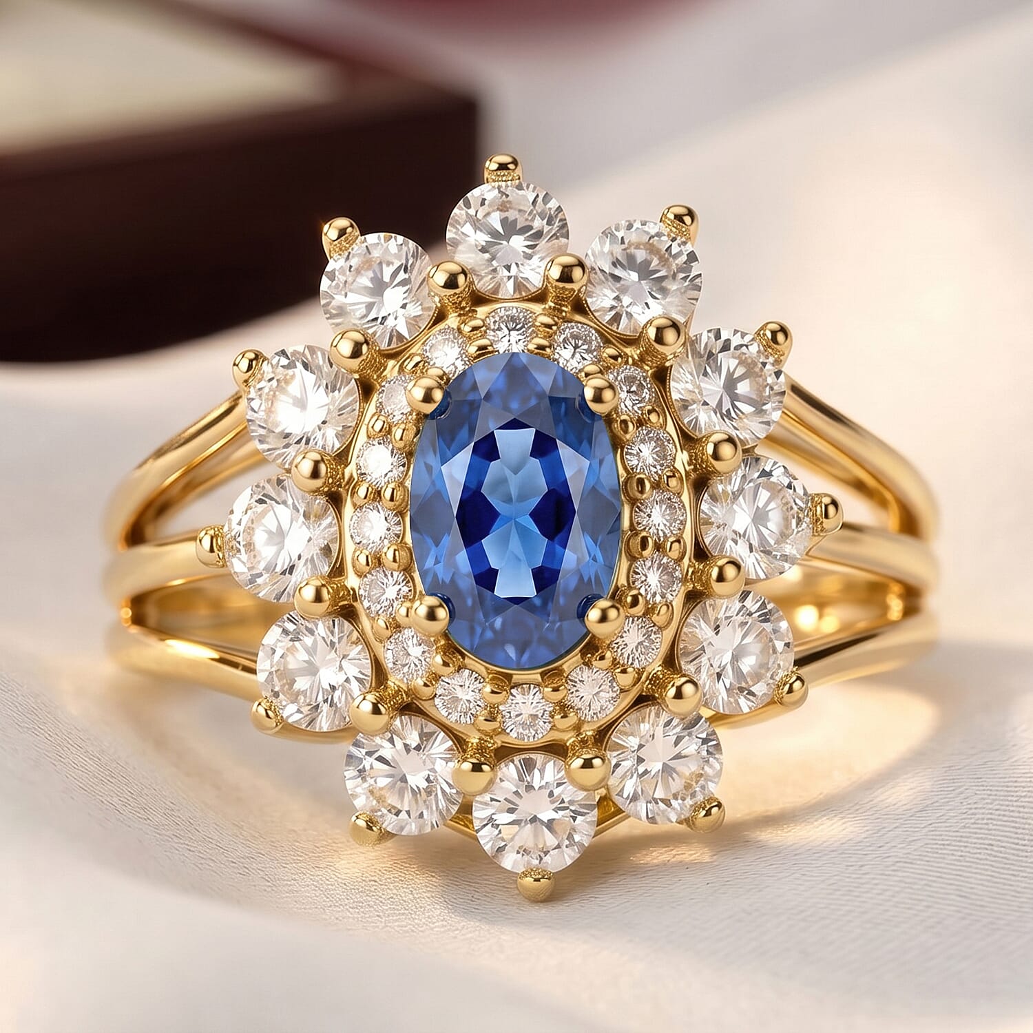 Simulated Blue and White Diamond Ring in 14K YG Over Sterling Silver (Size 7.0)