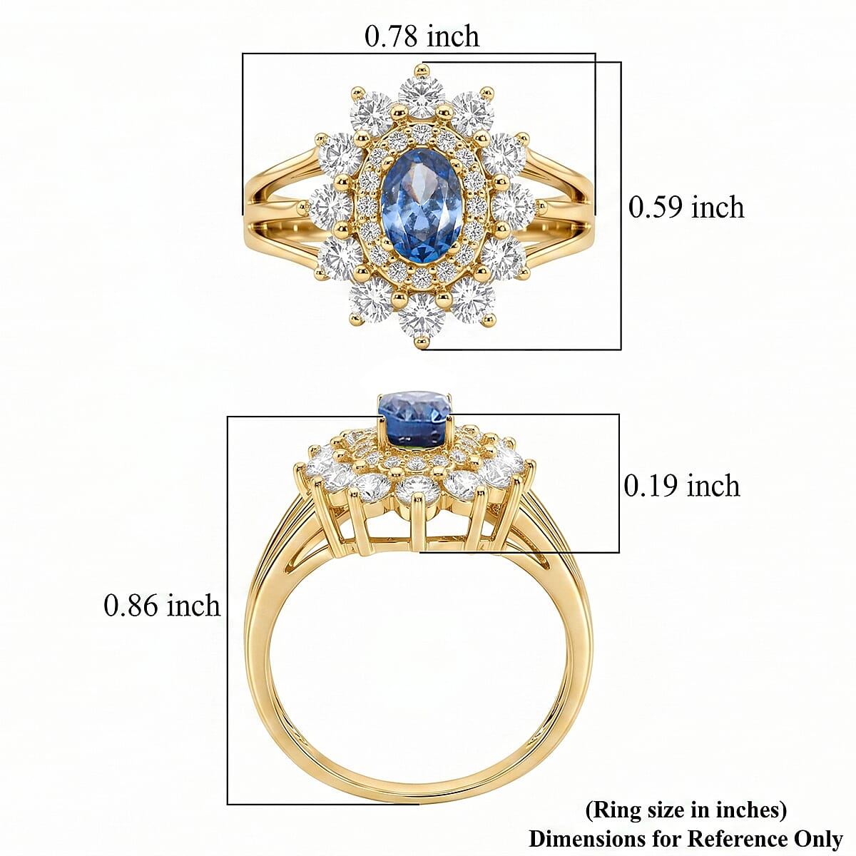 Simulated Blue and White Diamond Ring in 14K YG Over Sterling Silver (Size 8.0)