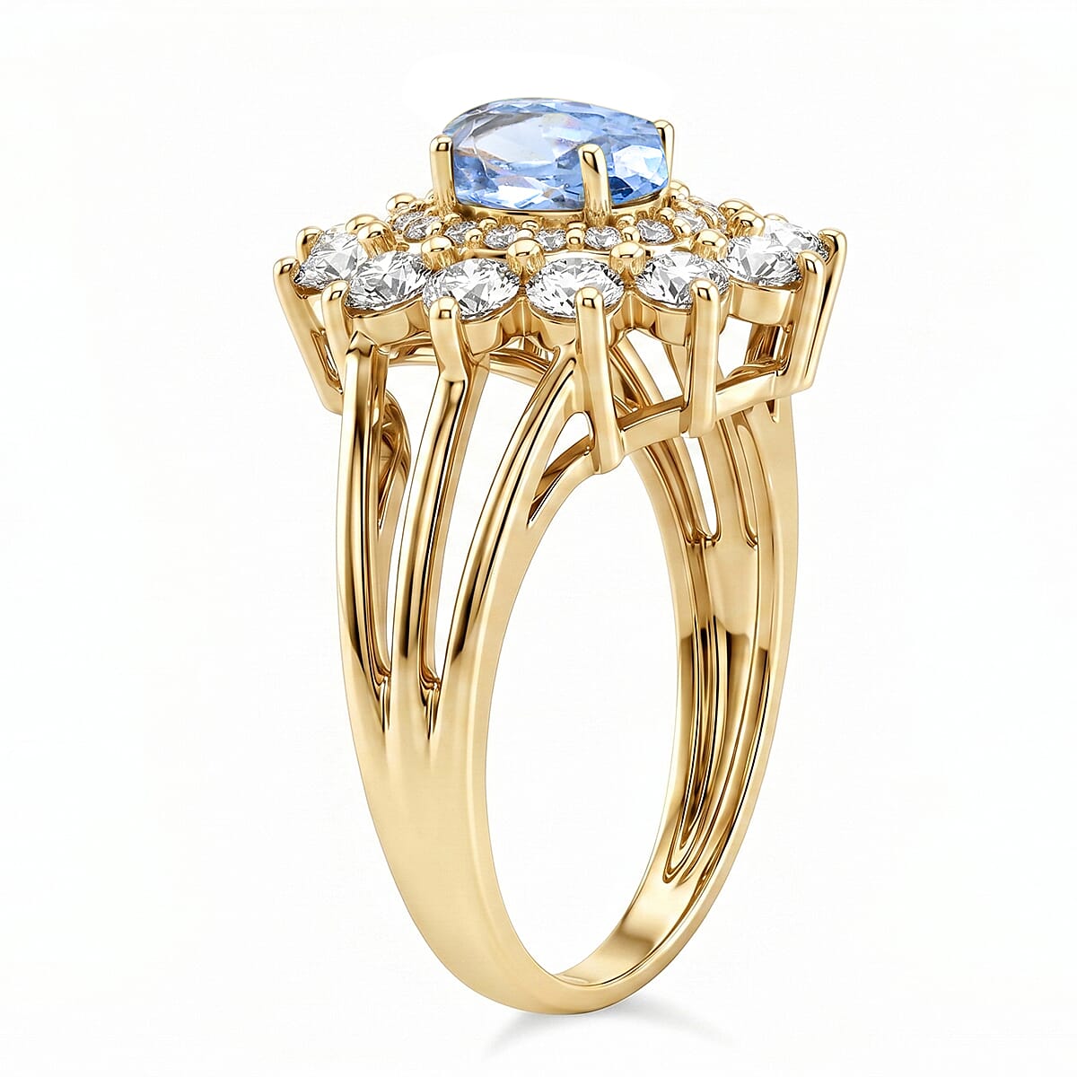Simulated Blue and White Diamond Ring in 14K YG Over Sterling Silver (Size 9.0)