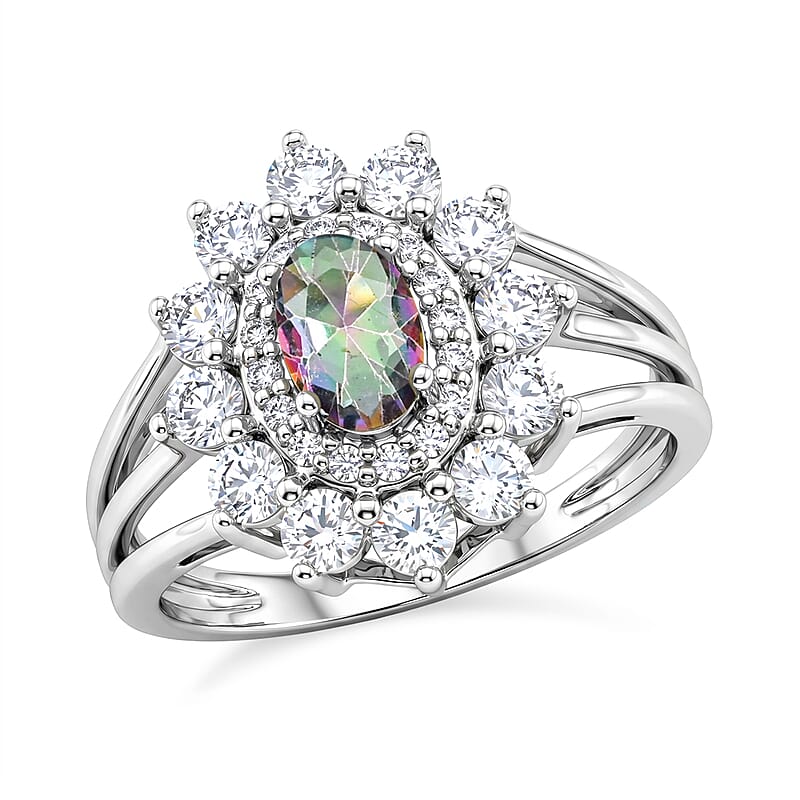Mystic Topaz and Simulated Diamond 2.50 ctw Ring in Sterling Silver (Size 9.0)