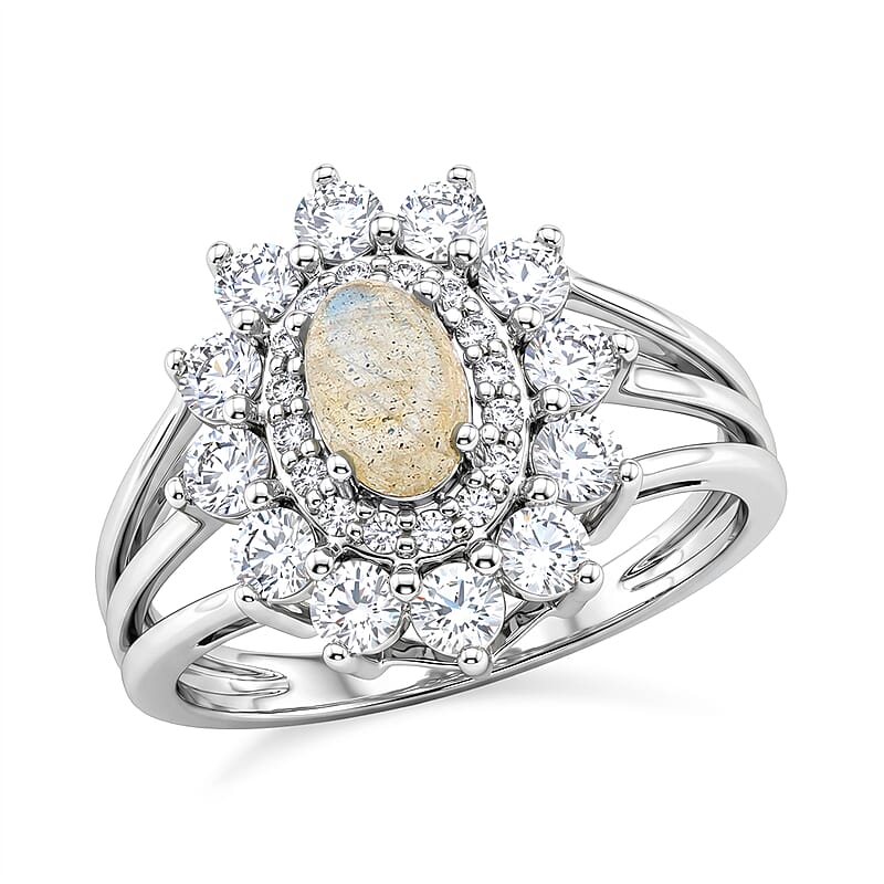 Rainbow Moonstone and Simulated Diamond 2.00 ctw Ring in Sterling Silver (Size 5.0)