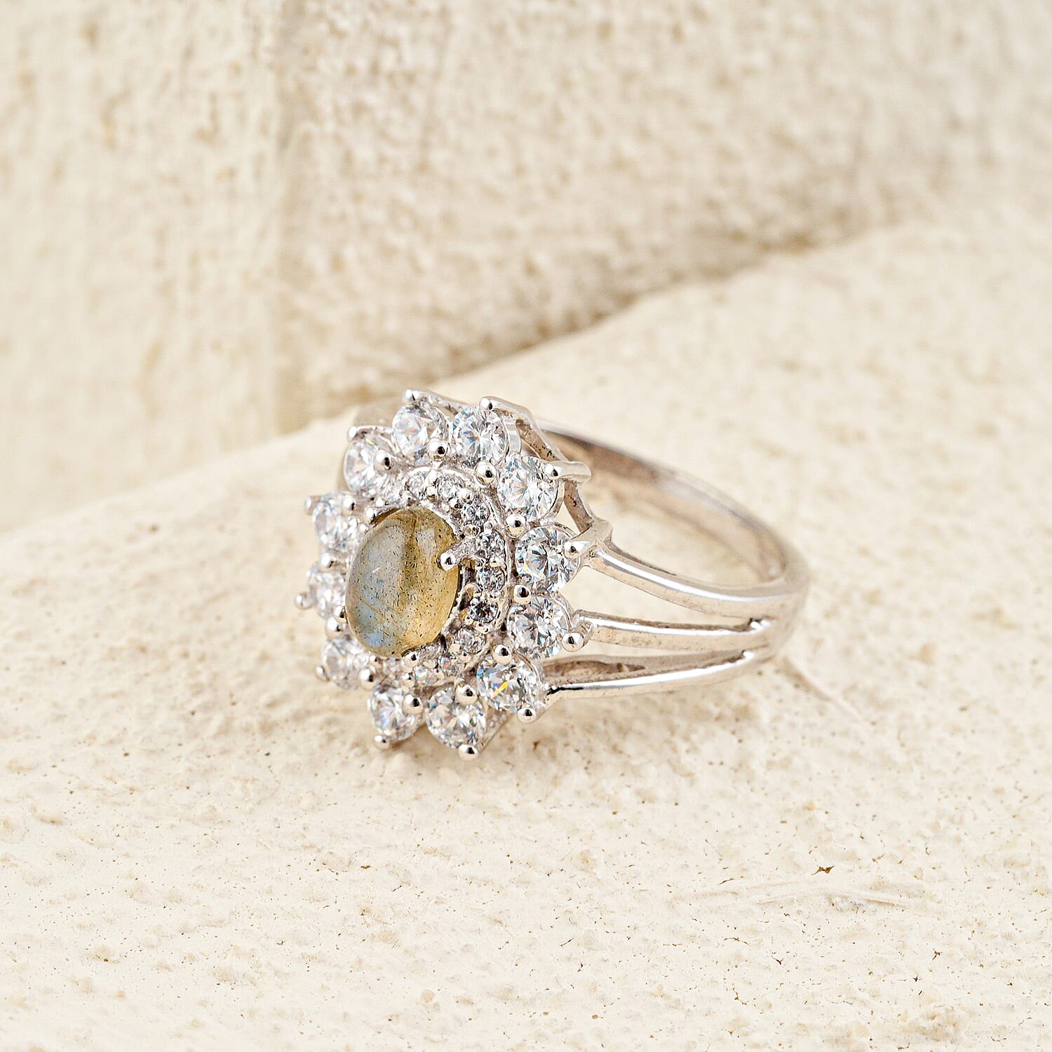 Rainbow Moonstone and Simulated Diamond 2.00 ctw Ring in Sterling Silver (Size 5.0)