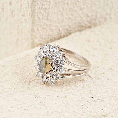 Rainbow Moonstone and Simulated Diamond 2.00 ctw Ring in Sterling Silver (Size 5.0)