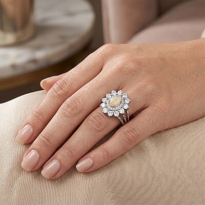 Rainbow Moonstone and Simulated Diamond 2.00 ctw Ring in Sterling Silver (Size 5.0)