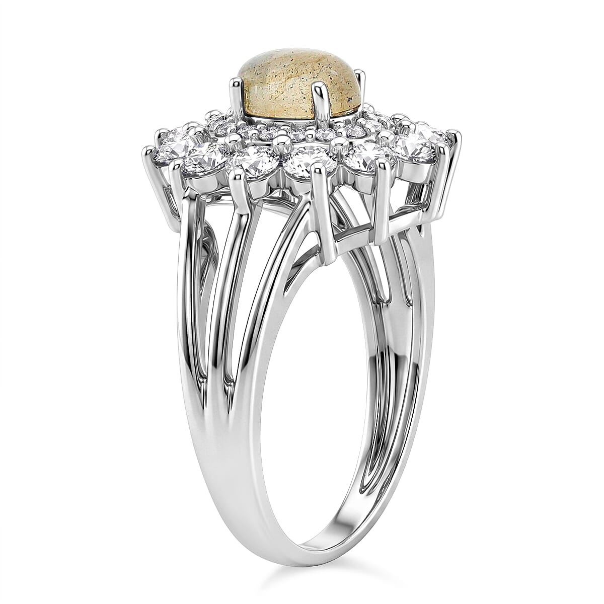 Rainbow Moonstone and Simulated Diamond 2.00 ctw Ring in Sterling Silver (Size 5.0)